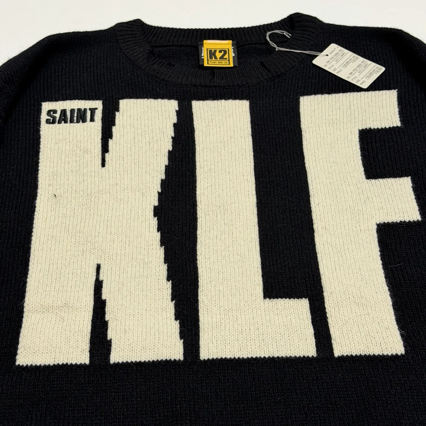 Exactly correct version Customized KLF co-branded main mark/washing mark SAINT Mxxxxxx × The KLF KLF_CREW NECK KNIT/BLK KLF co-branded deconstructed wool sweater Black S-XL heel original Made of 100% pure wool Natural and warm Wool fabric Recommended dry cleaning or gentle hand washing Imported special machine embroidery Full three-dimensional Hand destroyed Deconstructed and shredded
